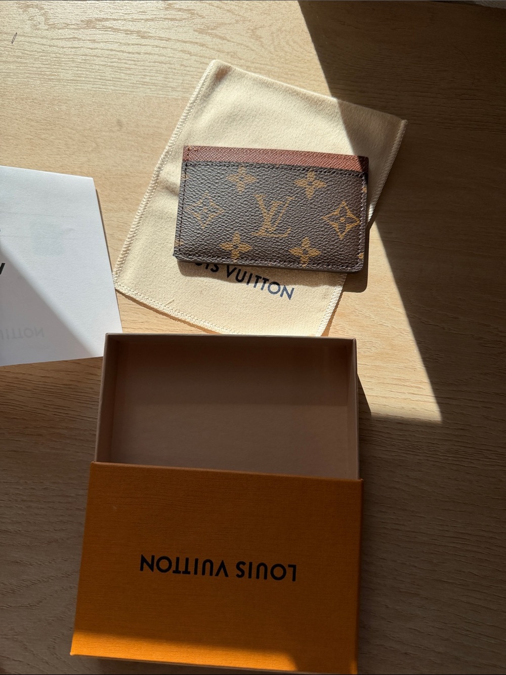 Louis Vuitton Monogram Card Case in Brown and Tan with Red Trim